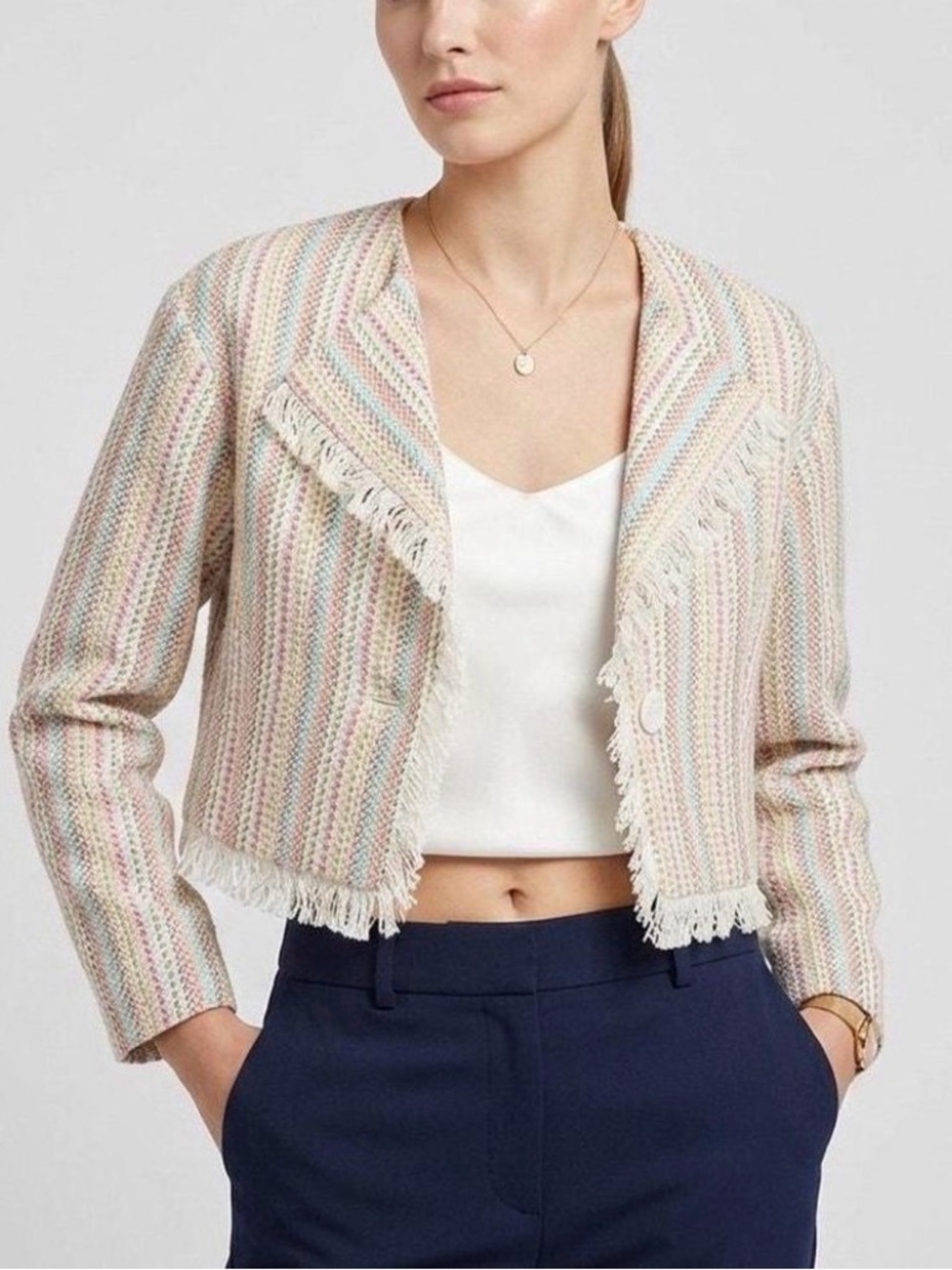 NWT Something Navy Cropped Rainbow Pastel Tweed Frayed Hem Blazer